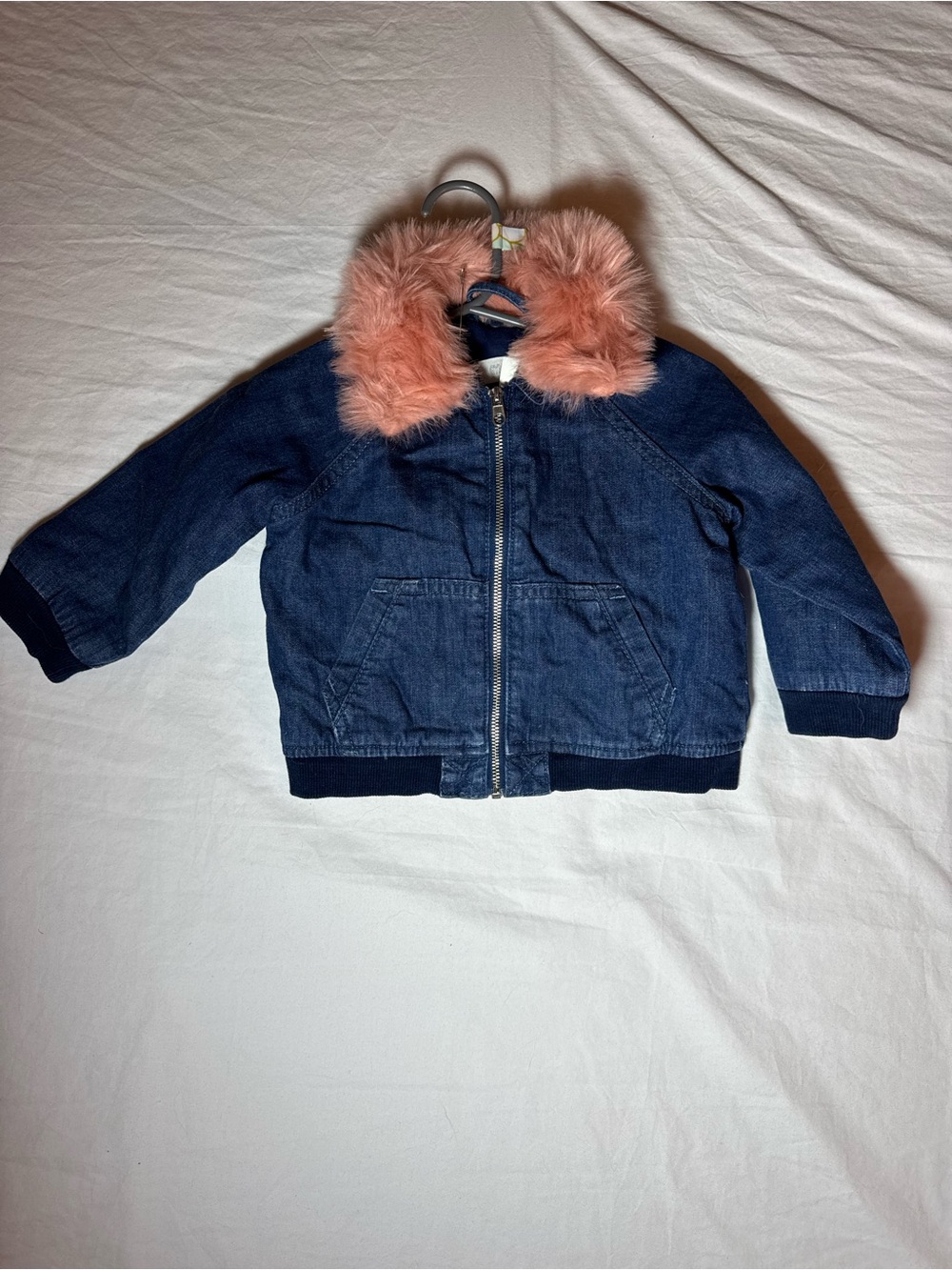 Gymboree Dark Blue Denim Jacket with Pink Faux Fur Collar